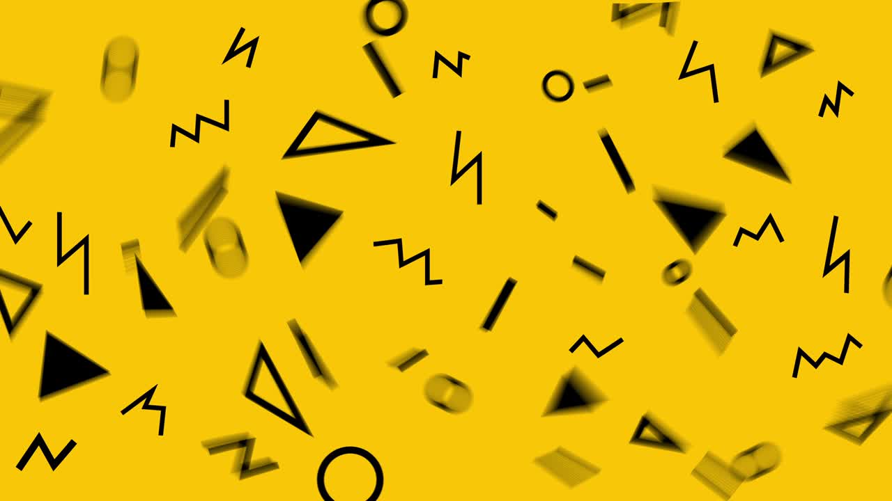 retro diseño abstracto fondo de patrón amarillo con triángulos coloridos, círculos, líneas y zigzags. estilo de memphis con formas geométricas. bucle.