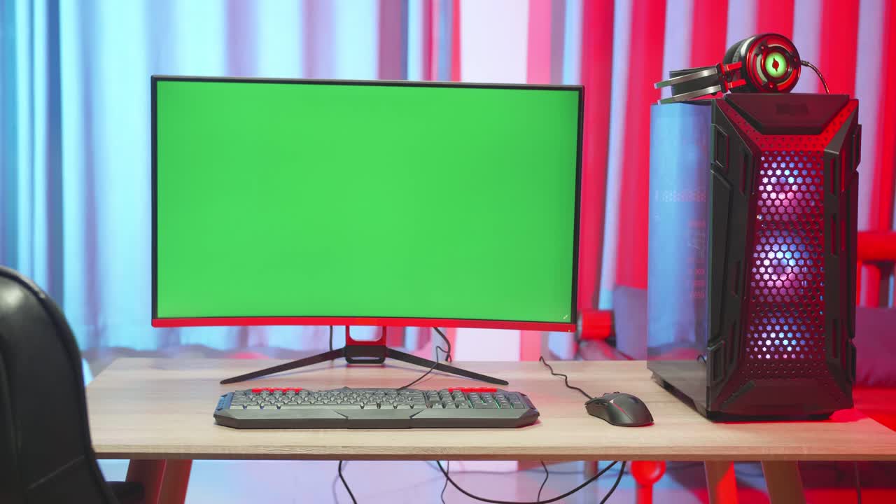 Gaming PC Setup with Green Screen Monitor