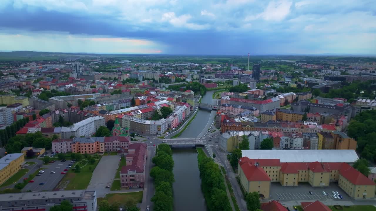 Panorama of the city of Olomouc from a drone. Tall buildings with a river. Moments before the storm