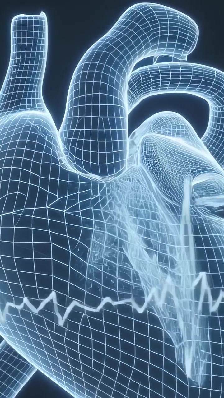 Video verticale: Cuore wireframe pulsante e rotante che mostra le camere, in uno studio buio con un ECG che appare.