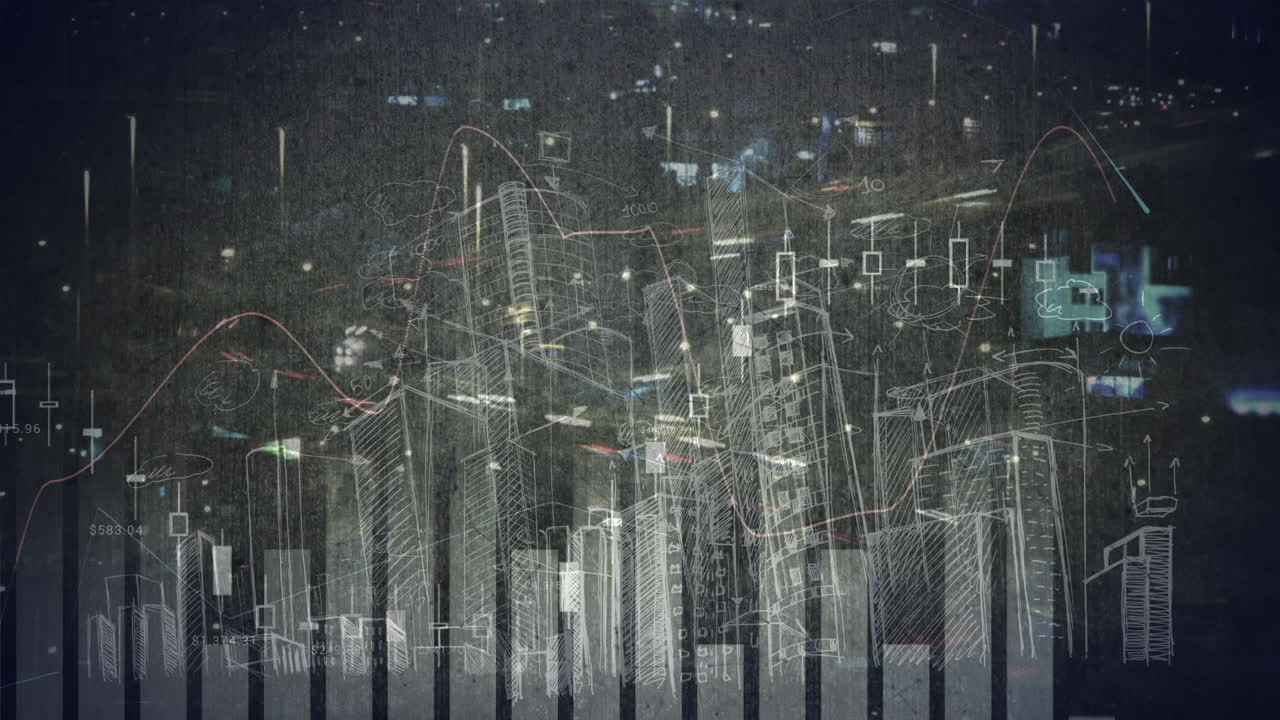 Animation of statistics with data processing over cityscape