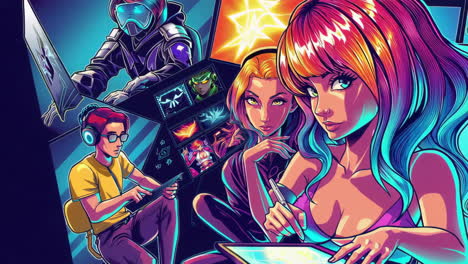 vibrant digital world with stylized characters
