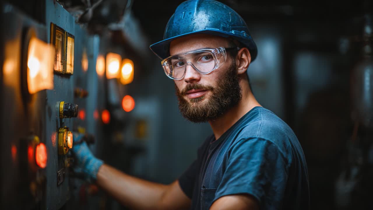 Ein konzentrierter Techniker, der komplexe Maschinen in einer schwach beleuchteten Industrieumgebung bedient und dabei Fachwissen, Präzision und Sicherheit in mechanischen Steuerungssystemen demonstriert
