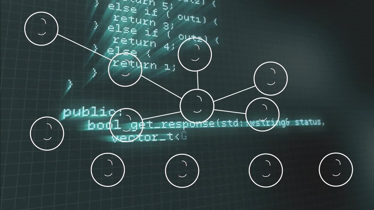 On start, user icons appearing, linking, pulsing, fading over scrolling code showing network growth