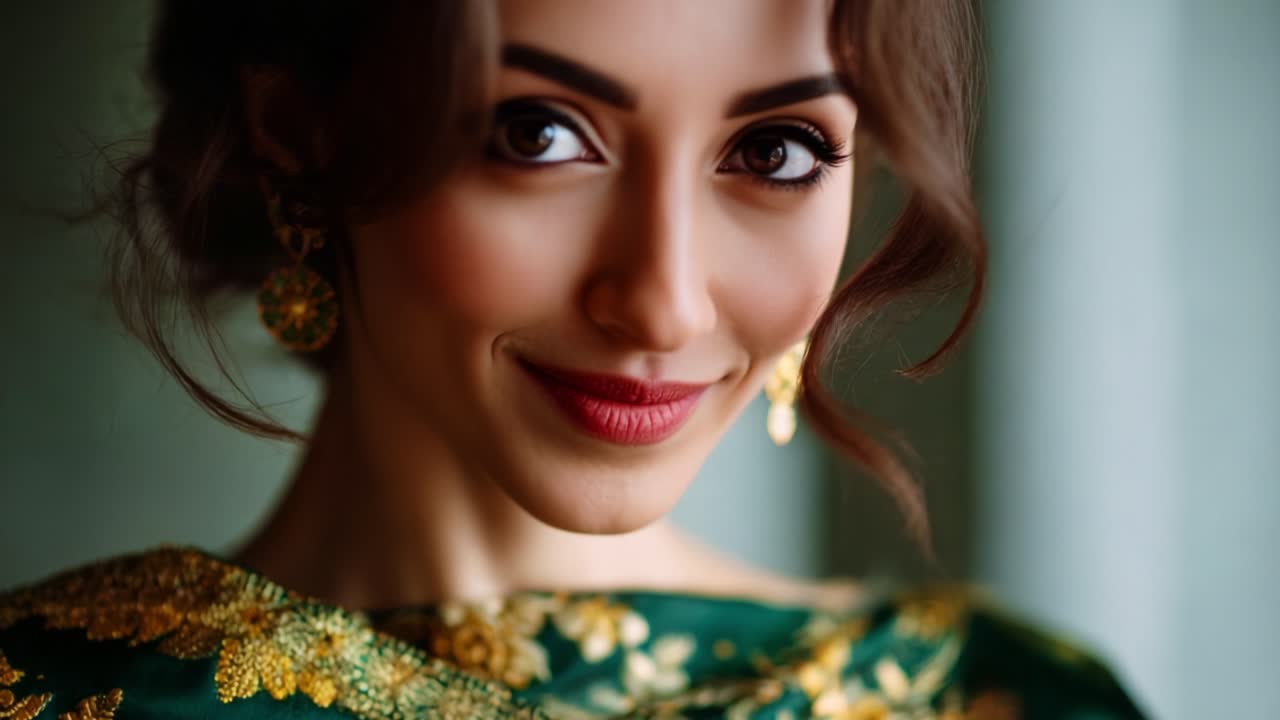 A Captivating Visual Journey of Elegance: A Beautiful Woman in a Green Ornate Garment, Showcasing Intricate Designs and Radiating Charm and Poise, Perfectly Highlighting Her Graceful Profile