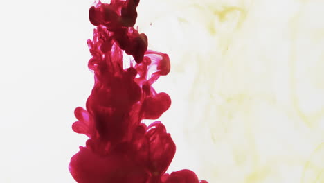 video en cámara lenta de tinta de acuarela roja y amarilla mezclándose en agua contra un fondo gris