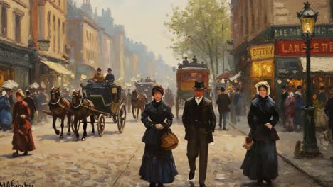 a charming street scene captured in two frames: witness the elegance of a historic city walk with fashionable couples amidst carriages and vintage architecture
