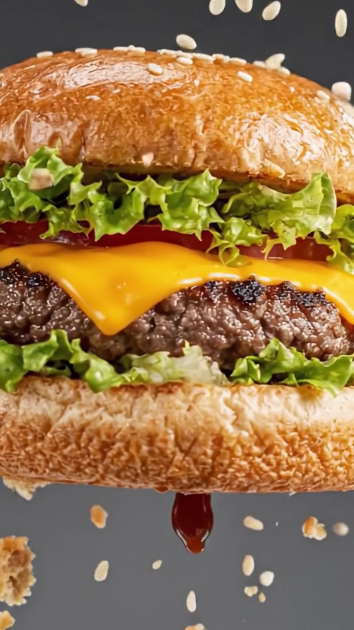 Cheeseburger Succoso con Lattuga Fresca e Formaggio Fuso, Mostrando i Suoi Strati Deliziosi e Ingredienti Squisiti in Due Cornici Accattivanti