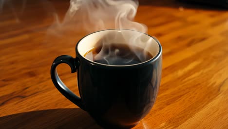 hot coffee in a mug on a wooden table