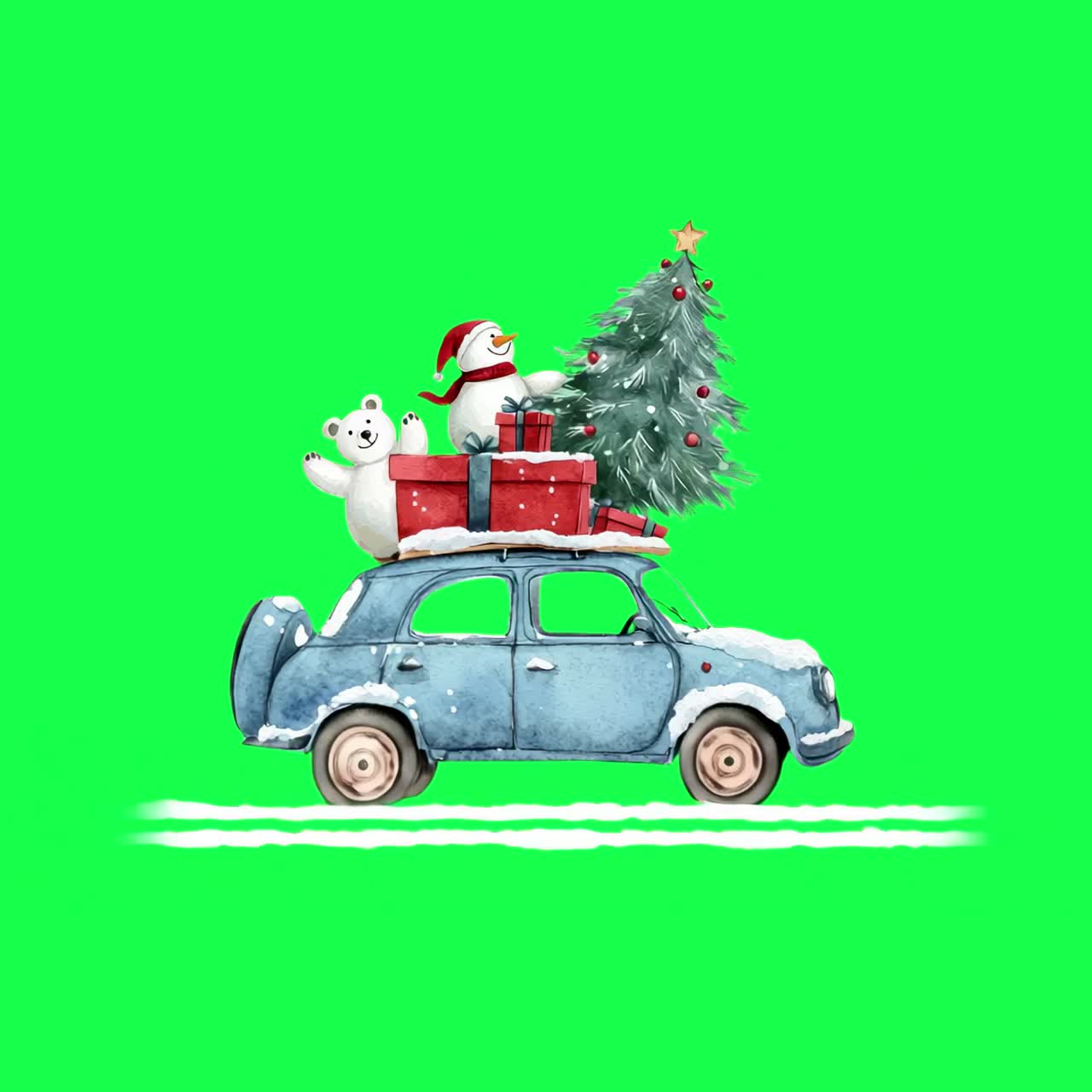 Festive car with holiday cheer animation, transparent 4K video, green screen