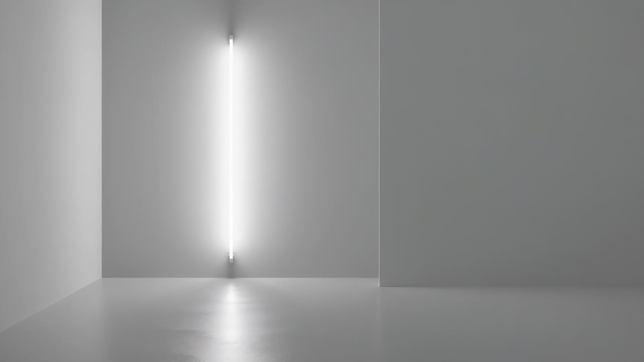 Illuminazione verticale con tubo luminoso potenziata, alone sulla parete della stanza, riflesso del bagliore sul pavimento