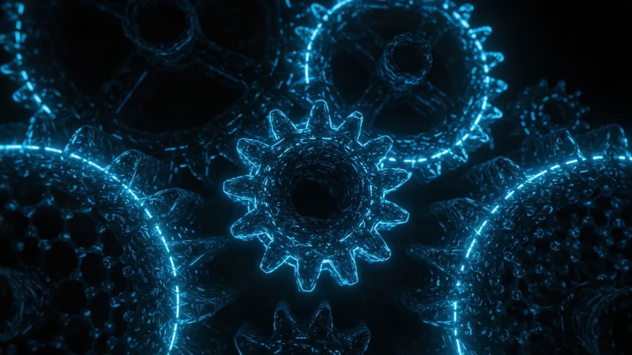 Intricate Mechanisms: A Mesmerizing Close-up of Luminous Gears Intertwined in a Swirling Dance of Technology and Innovation, Illuminating the Depths of Engineering Brilliance