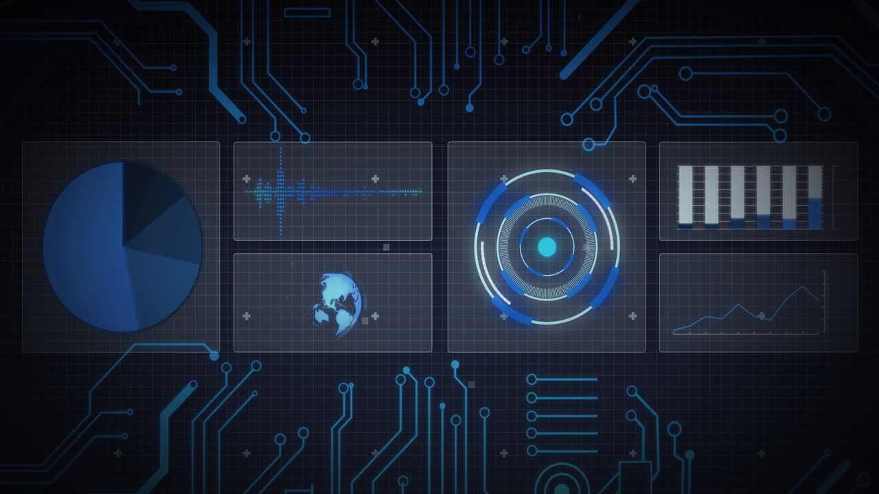 Animation of scope scanning, processor elements and data processing on screens over grid