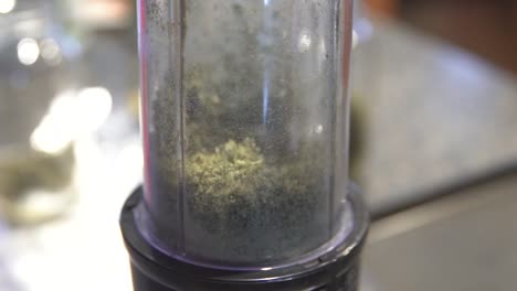 fine particles of cannabis buds in a clear blender