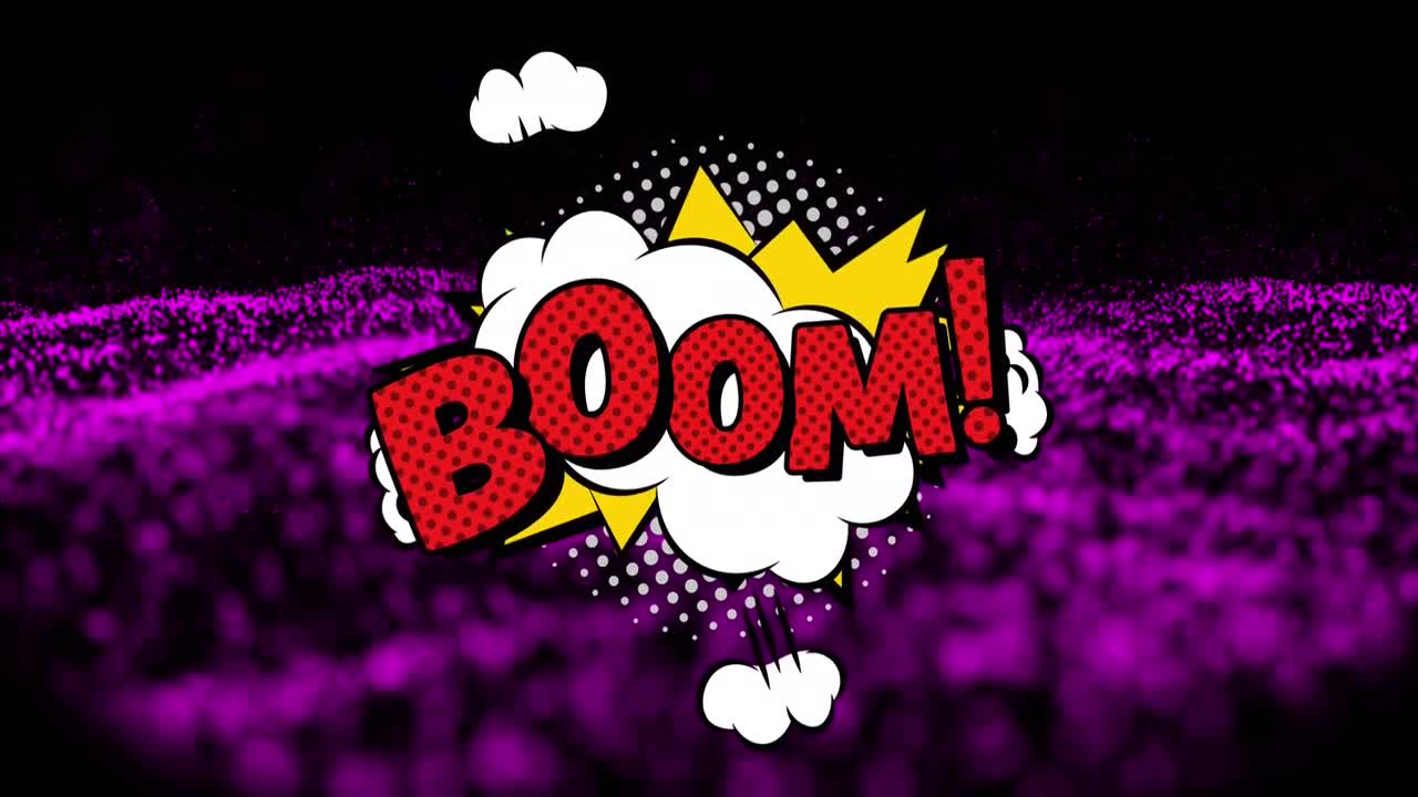 Animazione di testo boom su punti viola su sfondo nero