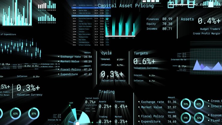Animation of financial data processing with numbers over black background