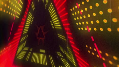 animation of triangular yellow and red 3d light display flashing and moving on black background
