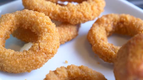 closeup of crispy onion rings on a white plate