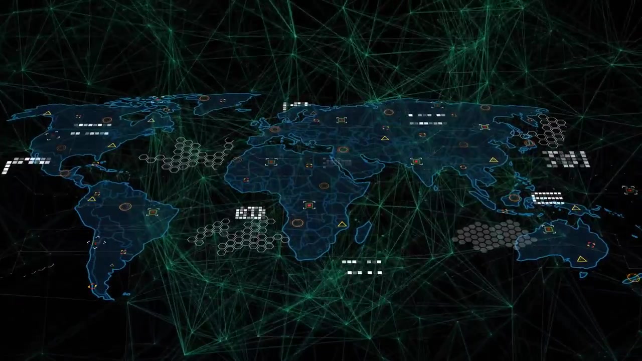 Animating green web lines igniting blue world map expanding, data icons pulsing visualizing network