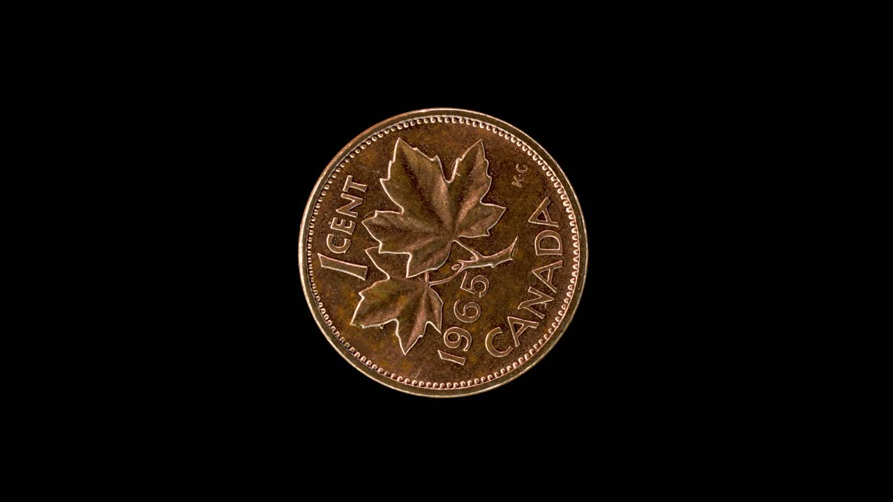 Canada 1965 1 cent coin reverse with maple leaves, denomination and date rotating on black background