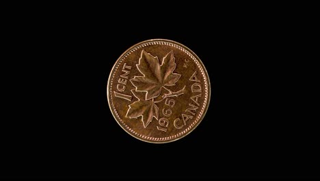 canada 1965 1 cent coin reverse with maple leaves, denomination and date rotating on black background