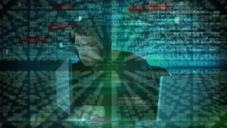 Animation of data processing over caucasian male computer hacker using computer and laptop