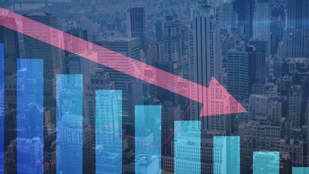 ⁇ 은 화살표로 통계의 애니메이션과 도시 풍경으로 금융 데이터 처리