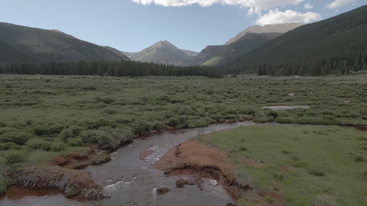 Aerial View of a Serene Mountain Valley with a Winding River