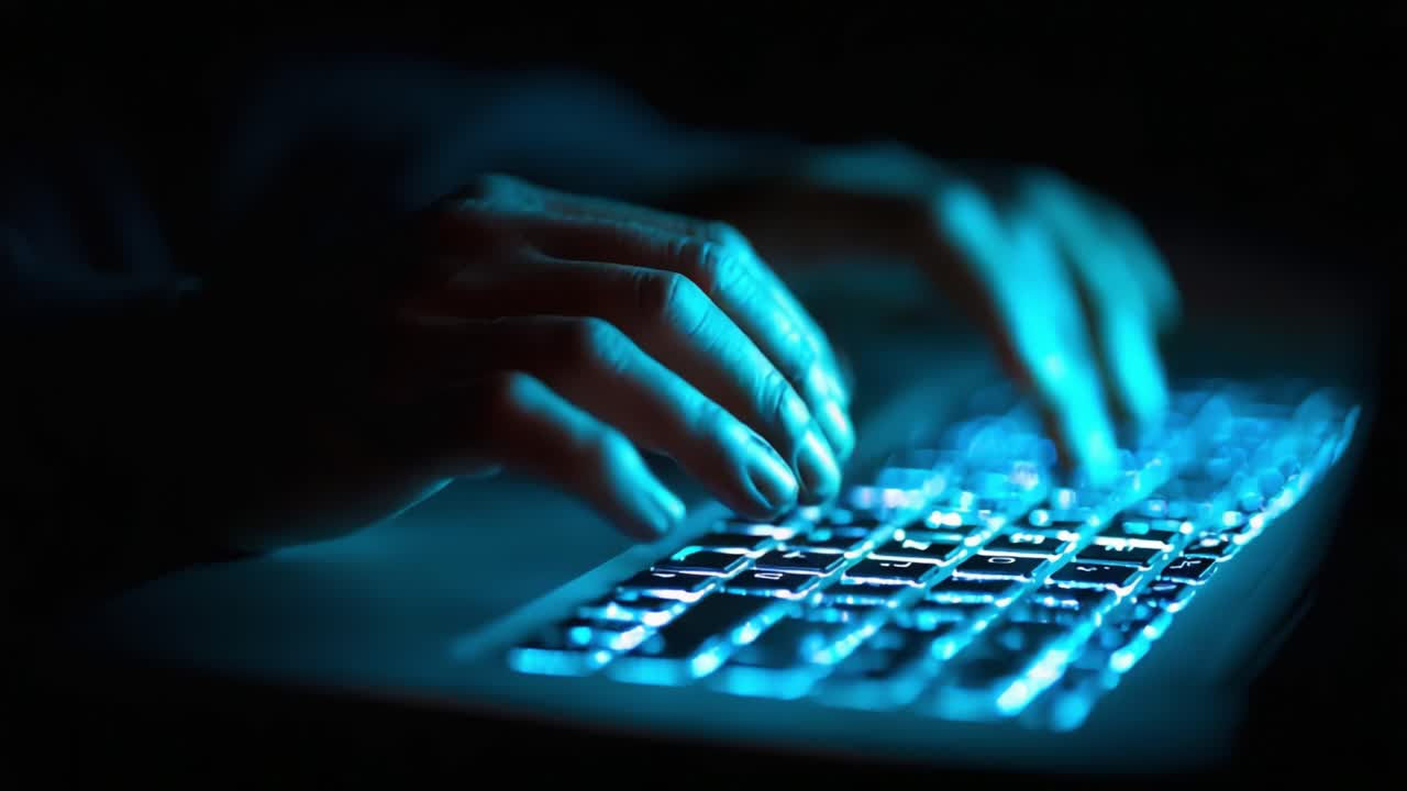 Illuminated Hands Typing on a Backlit Keyboard Captured in a Dark Environment, Showcasing the Intricacies of Digital Interaction and Modern Communication