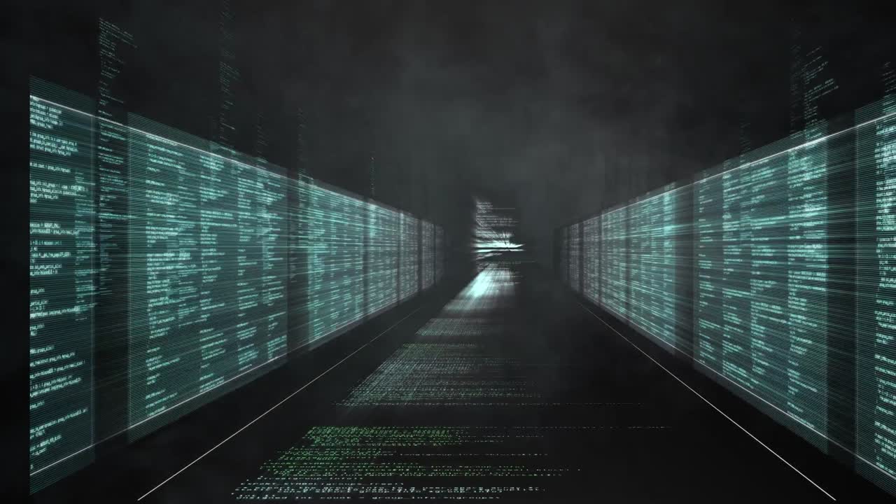 efecto de humo azul en múltiples pantallas con procesamiento de datos contra un fondo negro