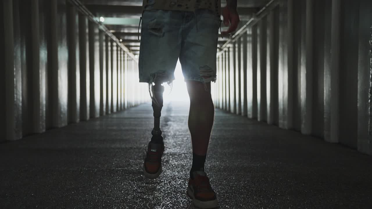 Person with prosthetic leg walking through a tunnel