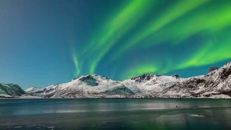 Aurora-Sobre-El-Lago-Congelado-En-Lofoten,-Noruega.