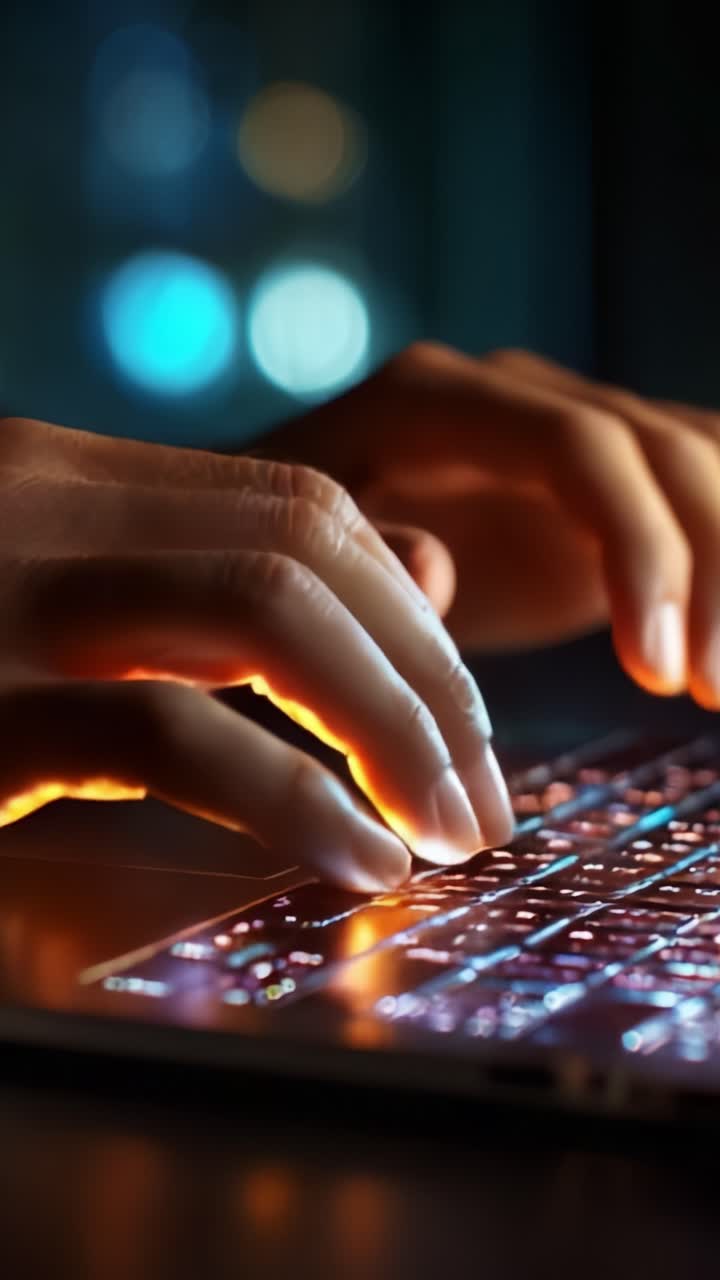 Focused Hands Typing on a Backlit Keyboard in a Dimly Lit Environment, Highlighting the Fusion of Technology and Human Interaction with Dynamic Lighting Effects