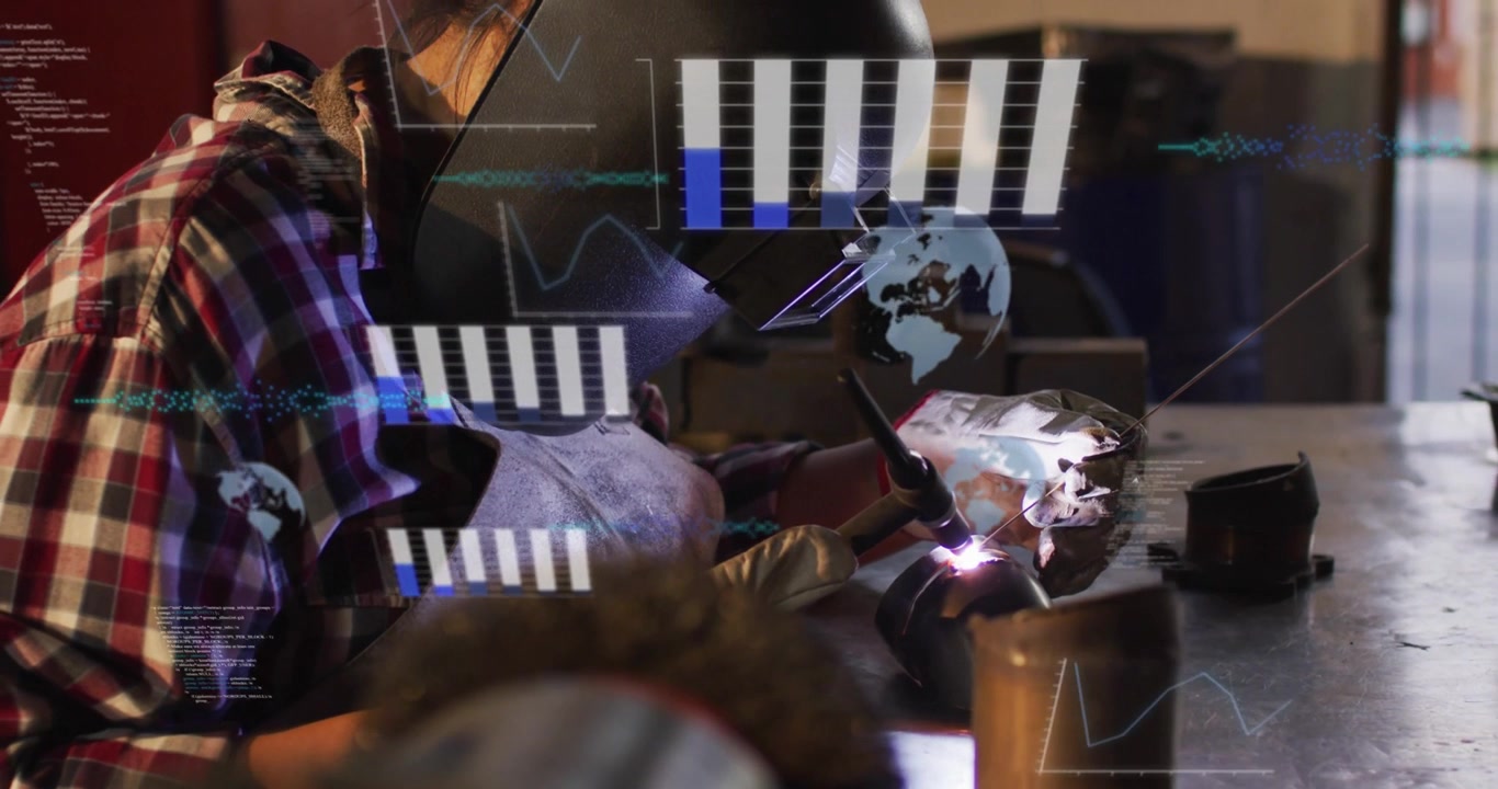 Welder touching torch to part, sparking and welding, joining metal while HUD overlays grow