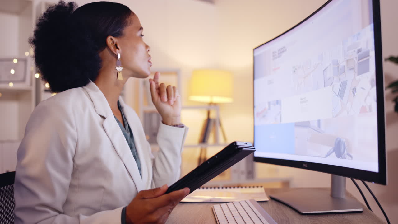 Computer screen, thinking and black woman