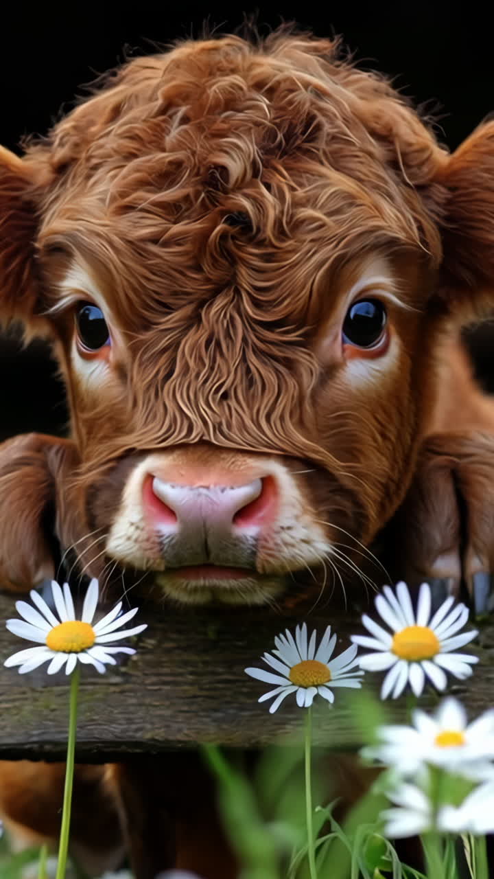 A baby cow is looking at the camera with its head between two flowers. The scene is peaceful and serene Vertical video