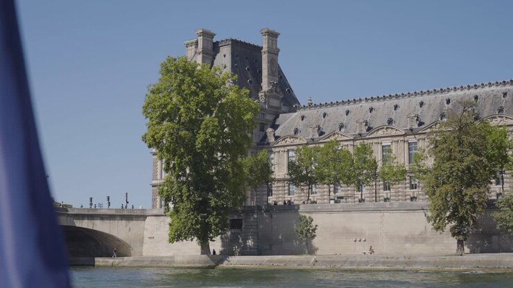 Exterior Of Hotel De Ville In Paris France Shot From River Seine In Slow Motion