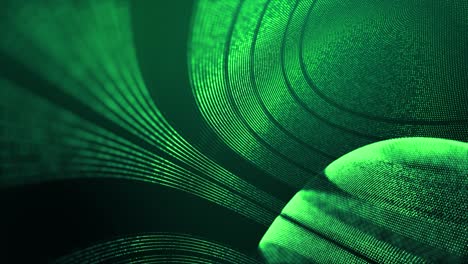 4k looped abstract green background of glow particles form lines, surfaces, round structures as futuristic landscape in cyberspace or hologram. sci-fi theme with dof, lighting effects and bokeh.