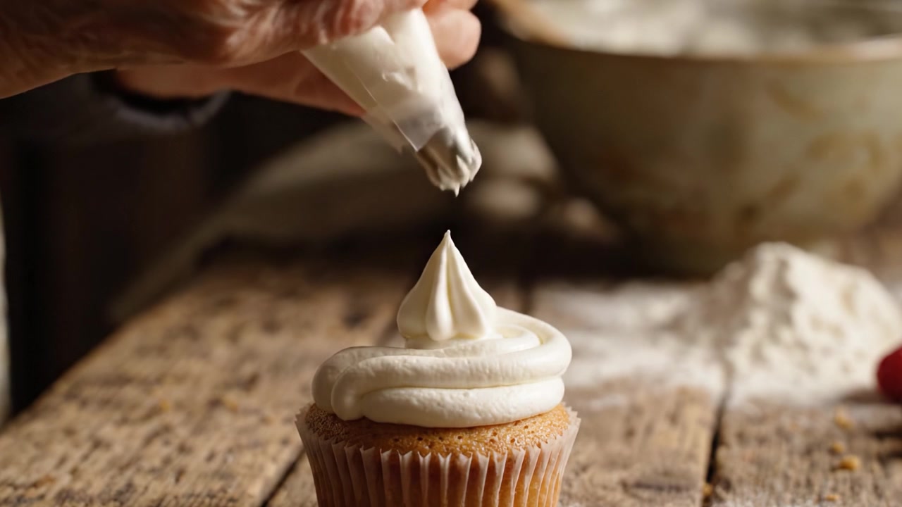 Menguasai Seni Memanggang: Tangan Lansia dengan Terampil Menyemprotkan Krim Kocok ke Atas Cupcake yang Dipanggang Lezat di Pengaturan Dapur Pedesaan.