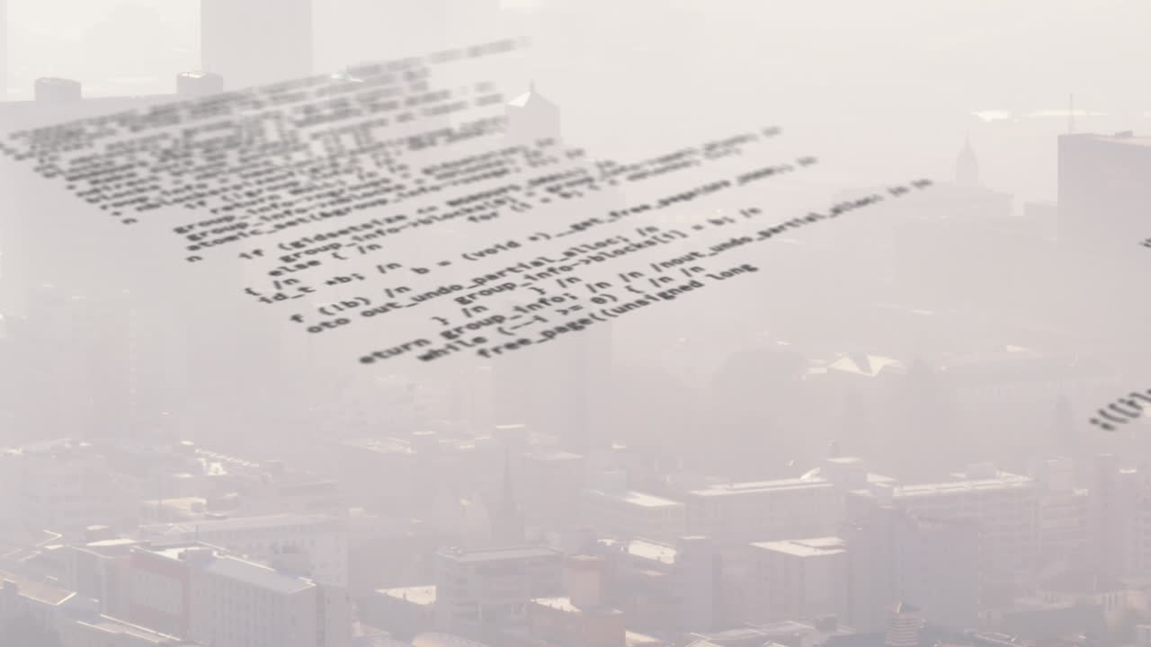 하늘을 배경으로 현대 도시 풍경을 공중에서 보는 컴퓨터 언어의 애니메이션