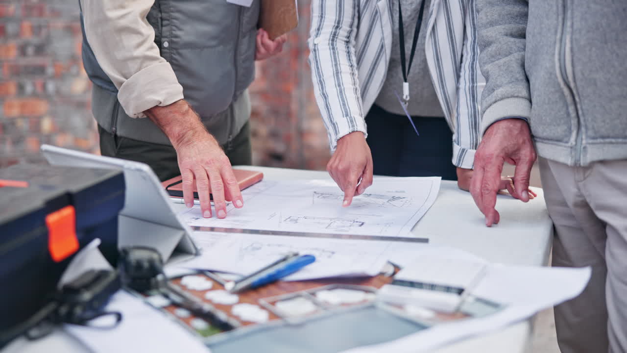 Construction Team Reviewing Blueprints
