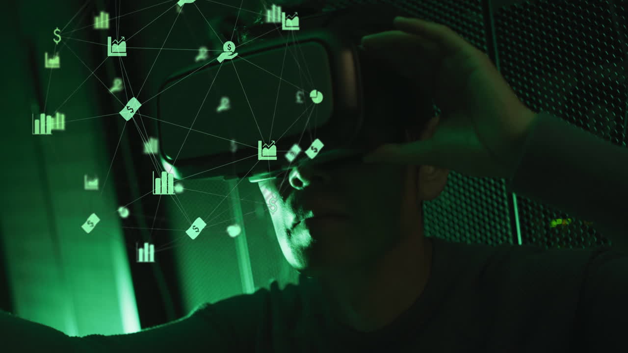 animación de la red de conexiones a través de un ingeniero de ti asiático con auriculares vr por un servidor de computadora