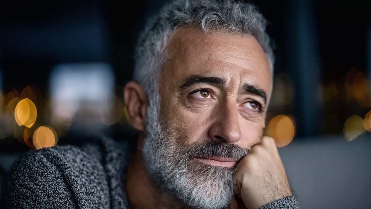 A Thoughtful Reflection: Capturing the Emotional Journey of a Pensive Individual Lost in Contemplation Amidst a Blurred Background of Soft Lights
