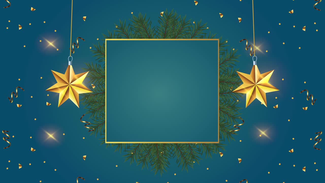 feliz animado de navidad con marco dorado y estrellas