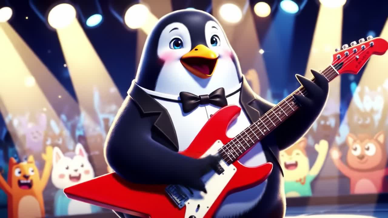 A charismatic penguin performs on stage with a guitar, delighting a lively audience of animated animals, showcasing a fun and vibrant musical moment in celebration