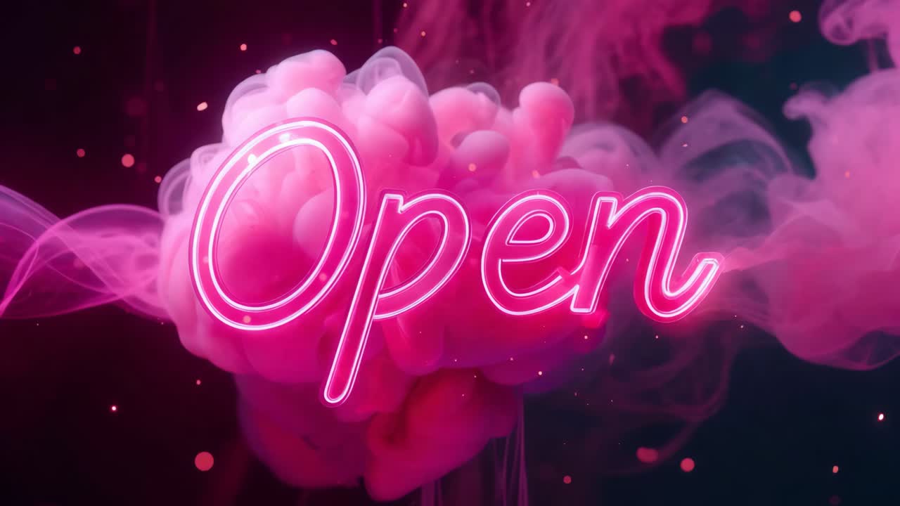 Pink Neon Sign Saying Open with Smoke