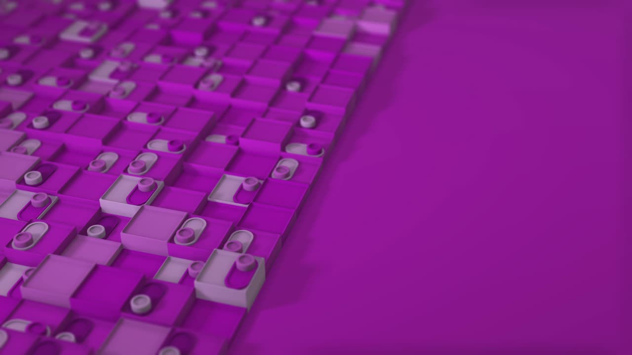 기하학적 모양을 가진 루프 애니메이션의 3d 렌더링, 끝없는 애니메이션, 모양의 변화와 함께 만족스러운 평온한 비디오, 슬라이더가 켜지고, 보라색, 현장 깊이, 흐릿함