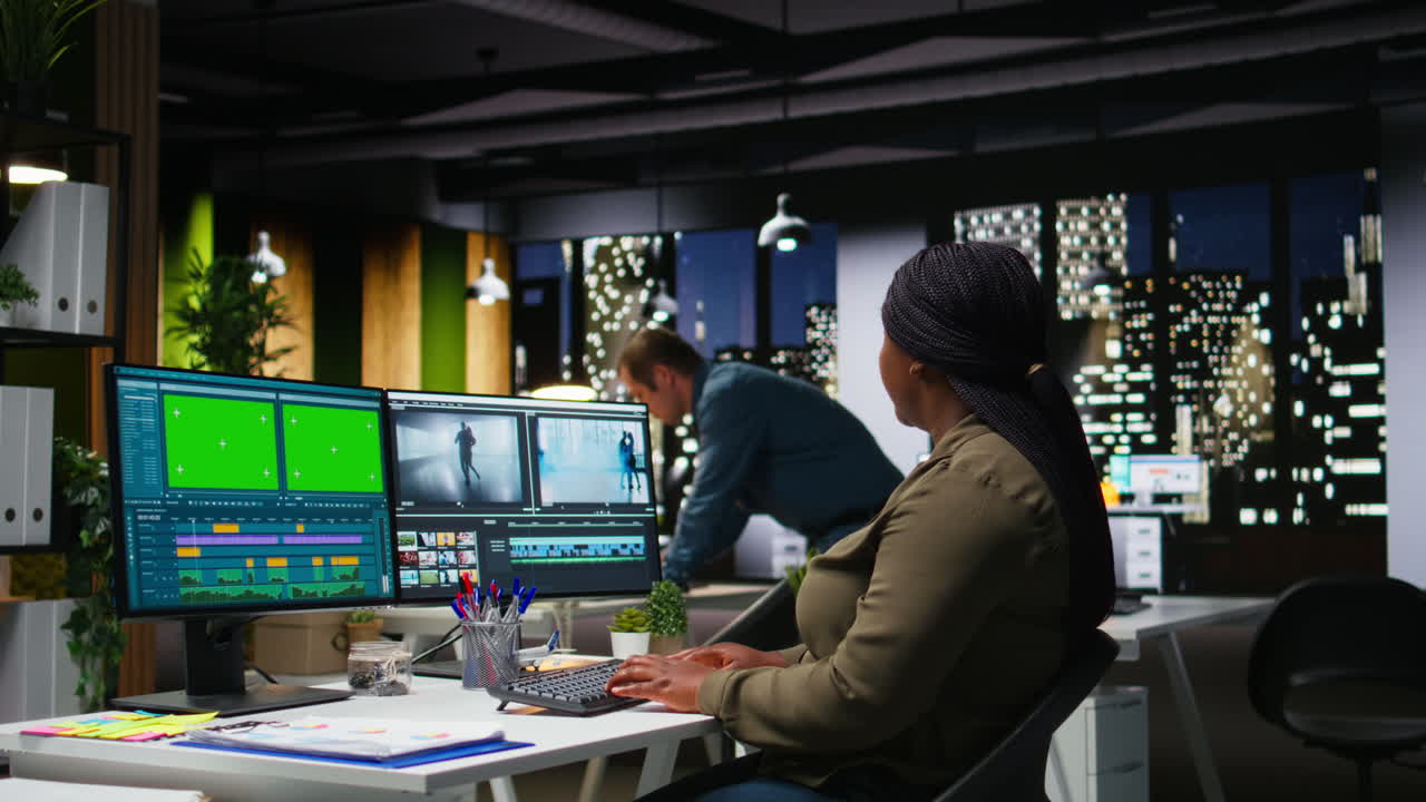 Chroma key with professional editor working in video production at agency office