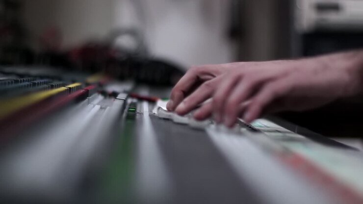 Fonico al lavoro su una console di missaggio