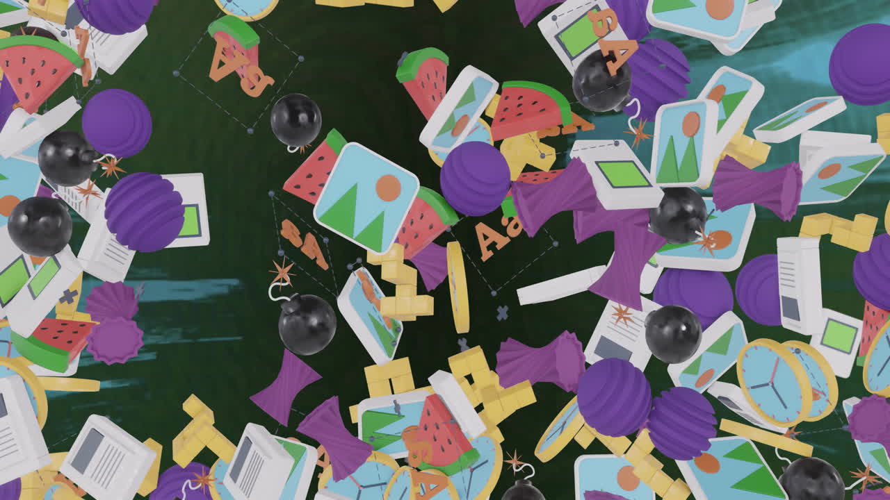 다양한 3d 미디어 아이콘이 검은 바탕에 떨어지고 수집되는 애니메이션